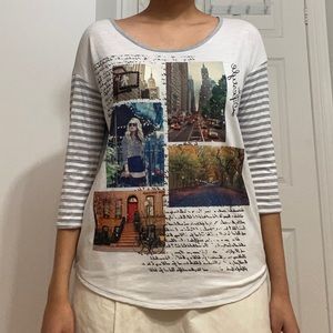 Photography Print 3/4 Striped Sleeves Grey and White Tee-shirt